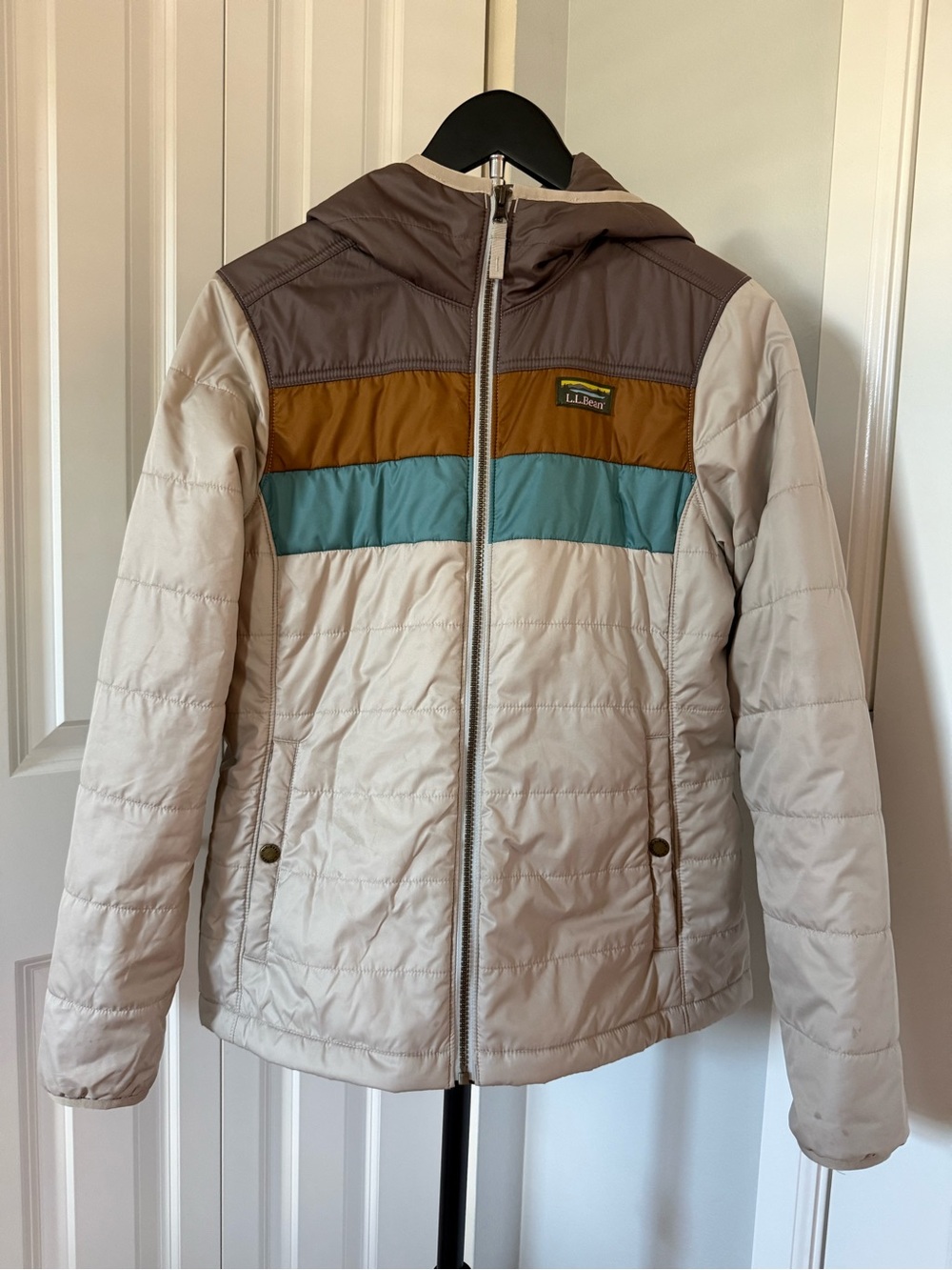 L.L. Bean Cream Hooded Puffer with Brown, Mustard & Teal Colorblock